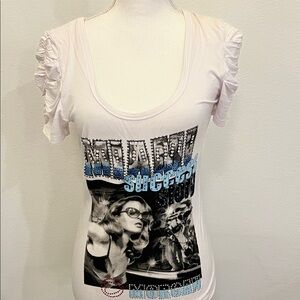 Morgan de Toi White Rhinestone Scoop Neck Graphic Tee with Ruched Sleeves